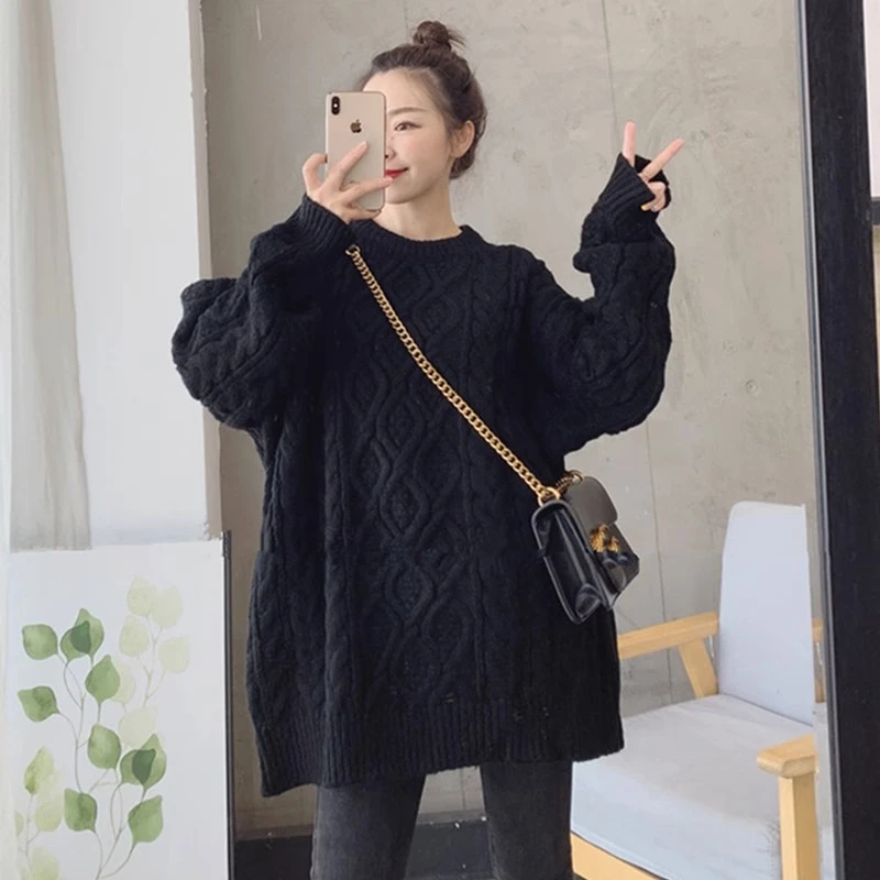 大码洋气慵懒风麻花套头毛衣女秋冬微胖妹妹显瘦遮肚子针织打底衫