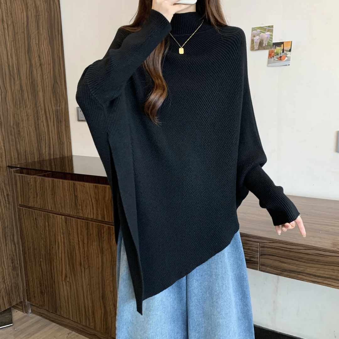 慵懒风不规则蝙蝠袖女士针织衫上衣秋冬大码胖妹妹宽松毛衣打底衫