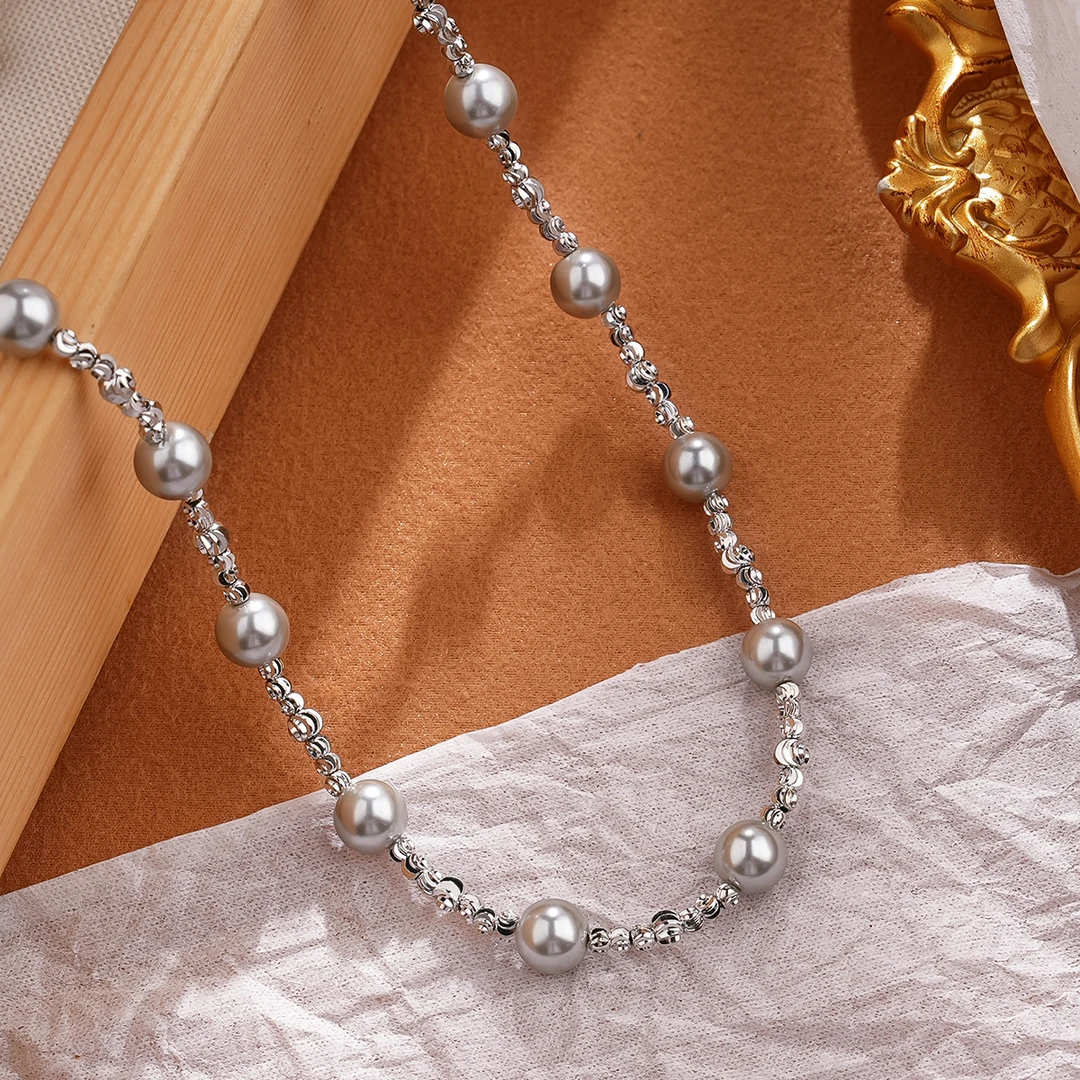 米梵缇 铜项链 法式灰色珠子轻奢颈链女闪亮圆珠时尚高级感锁骨链