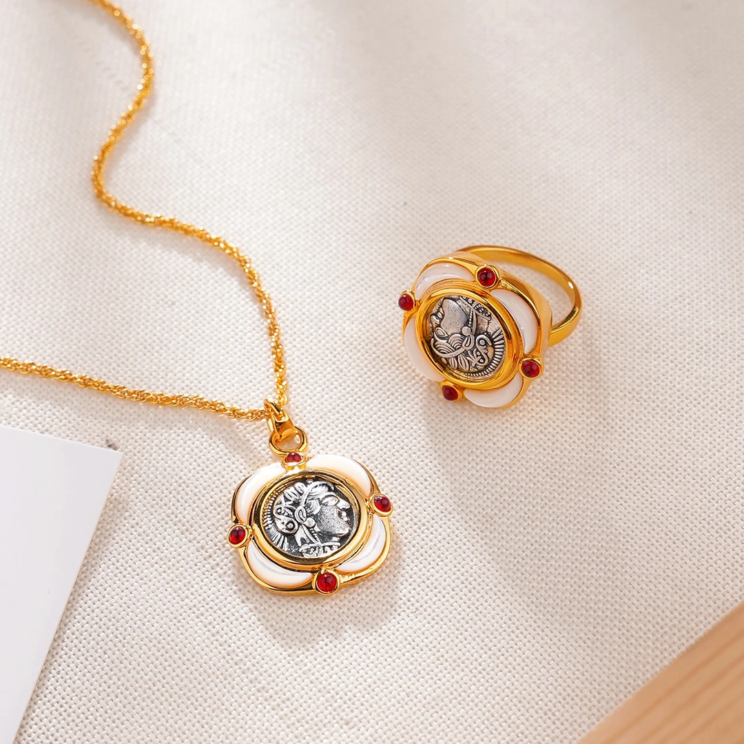 铜项链 罗马白贝古币独特复古项链小众高级感戒指宫廷风中古耳环