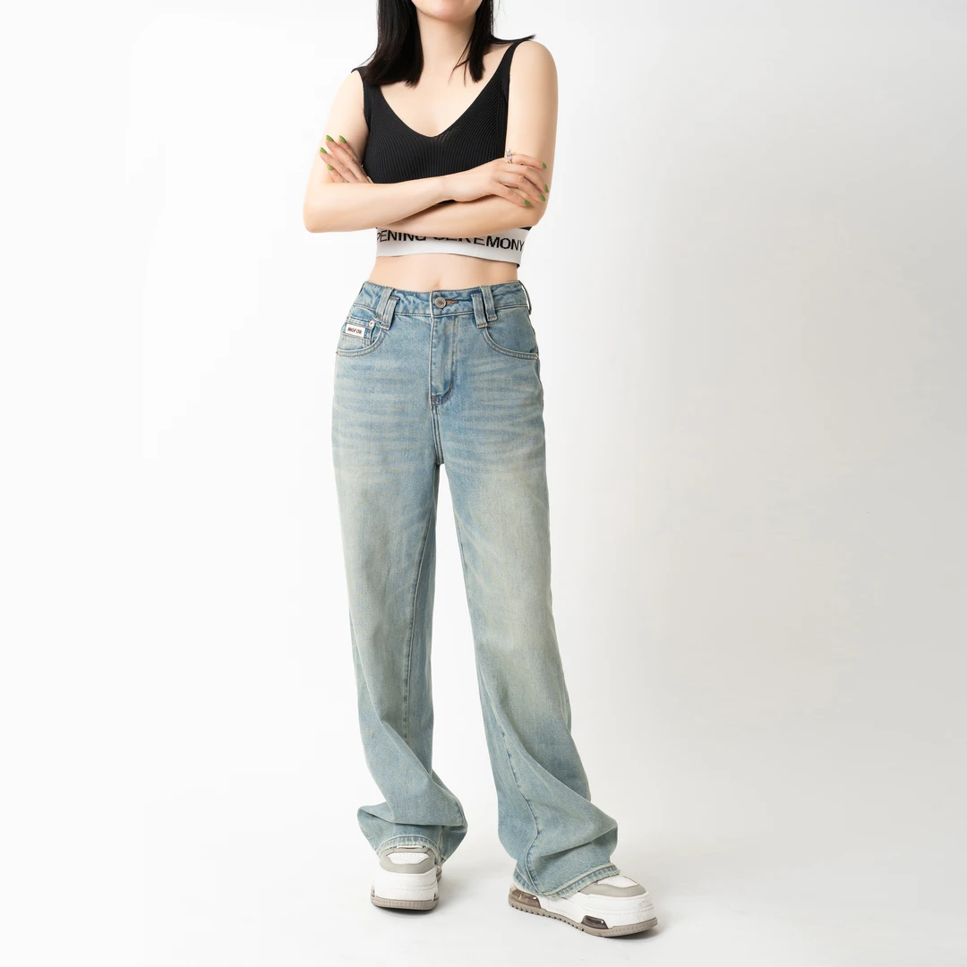 牛仔裤淡蓝色堆堆裤高腰直筒时尚显瘦9601
