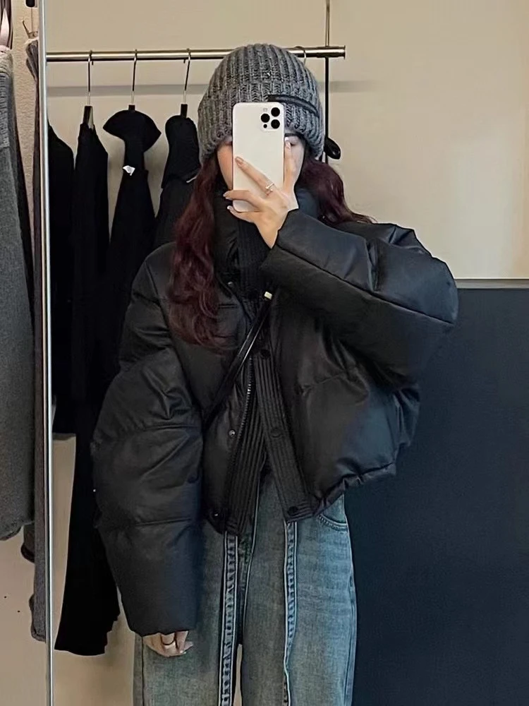 PU美拉德加厚时尚韩版短款立领保暖冬外套网红羽绒服休闲