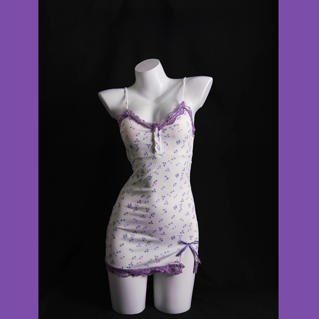 甜美纯欲蕾丝花边居家睡裙睡衣碎花性感印花