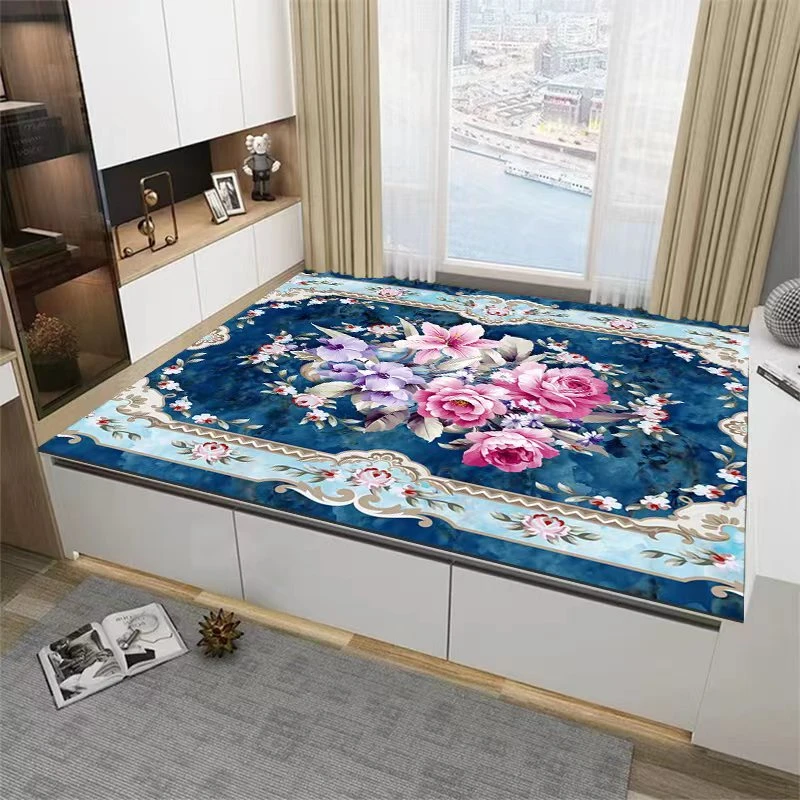 【客厅地毯工厂】蓝色百合牡丹水晶绒炕毯炕垫