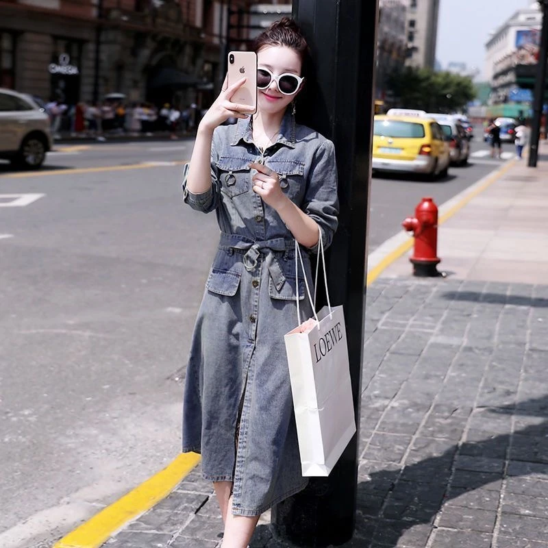 款韩版衬衫领修身中长款春秋欧洲站时尚拼接牛仔连衣裙女