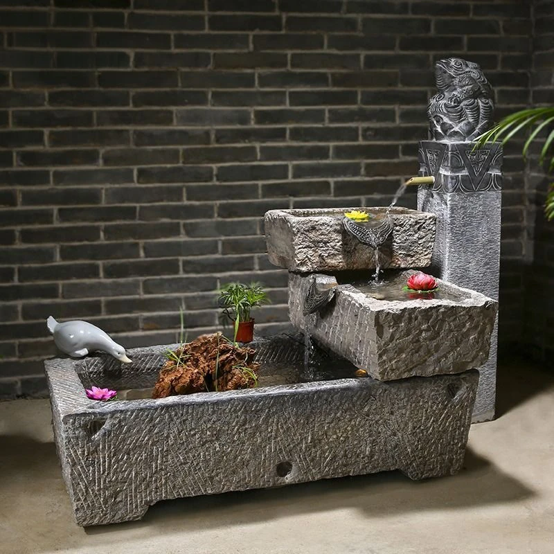 老旧石槽鱼缸鱼池石头石缸养鱼户外庭院石磨青石马槽景观流水摆件
