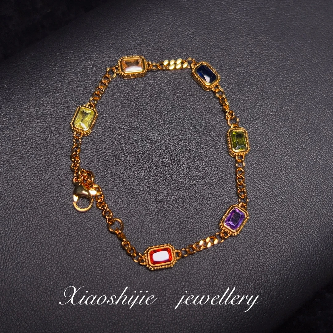 铜合金合成锆石手链 复古多彩方糖手链S0464