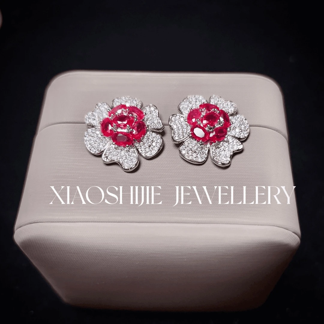 铜合金合成锆石耳饰 精致高定 红大花耳钉ZSS0169