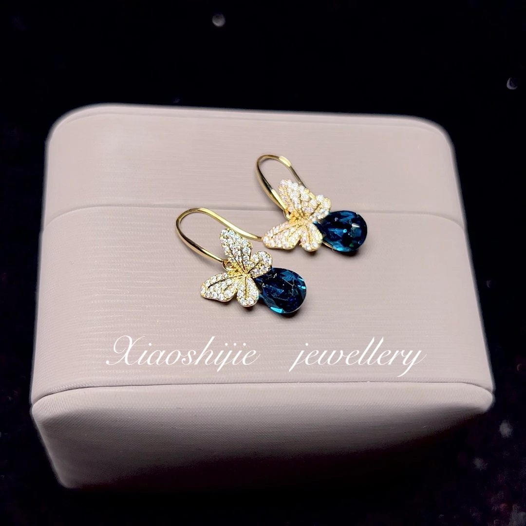 铜合金合成锆石耳饰 伦敦蓝蝴蝶耳环E0369