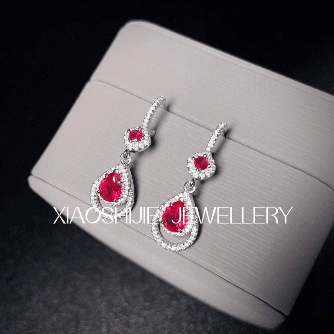 铜合金合成锆石耳饰 鸽红水滴耳环E0165
