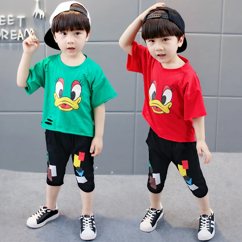 韩版洋气儿童短袖套装卡通宝宝t恤男童短裤女童两件套薄款夏季潮
