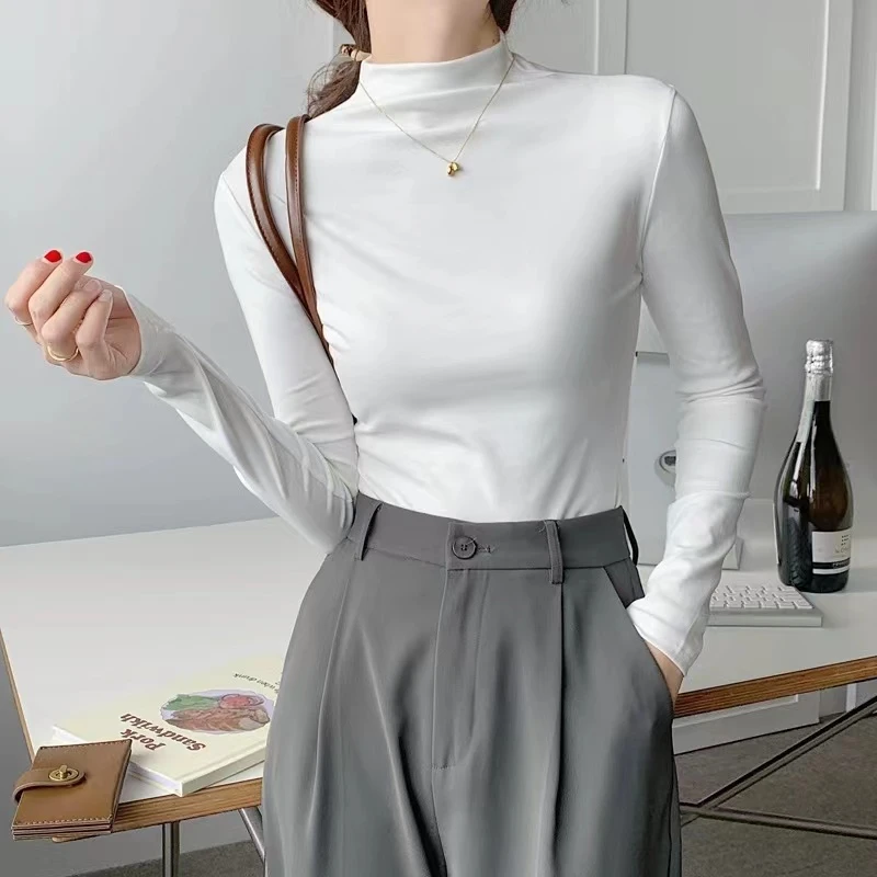 半高领长袖T恤女秋冬内搭修身显廋设计感打底上衣百搭时尚E044