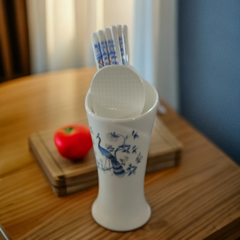 景德镇陶瓷青花筷子筒+10双筷子+饭勺套装008