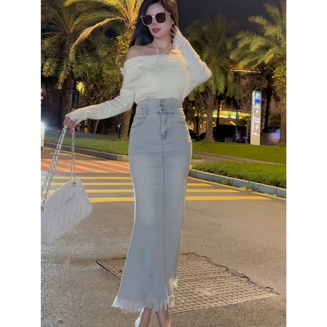 秋冬新款一字肩蕾丝蝴蝶针织衫辣妹褶皱收腰上衣搭鱼尾裙