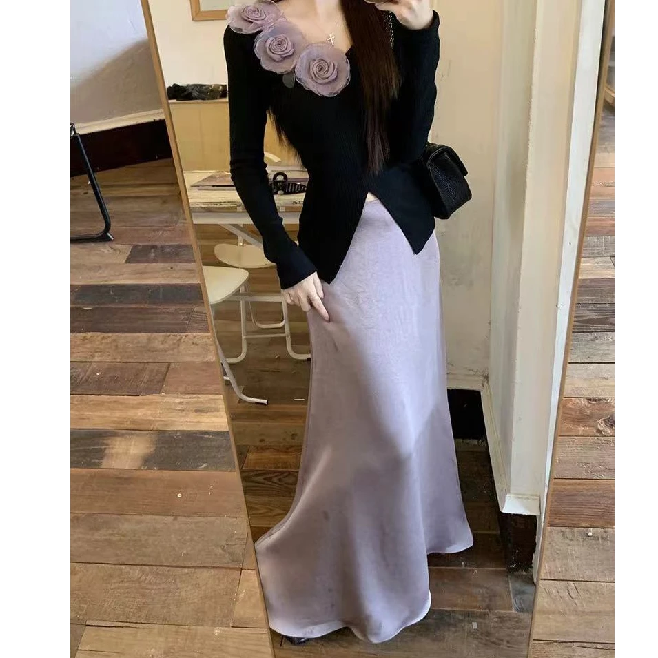 法式立体玫瑰花气质长袖v领针织衫上衣紫色半身长裙秋季新款