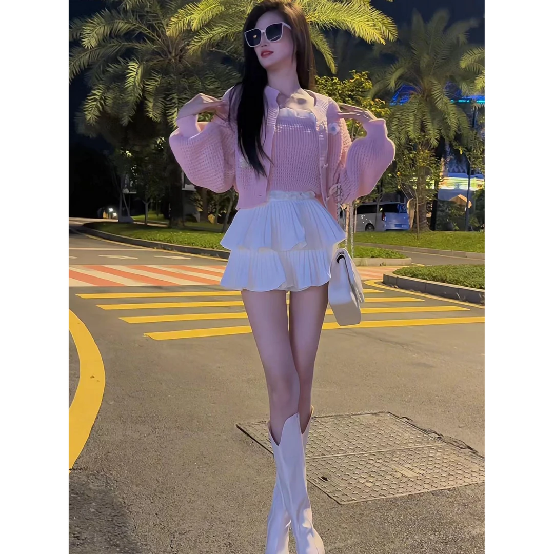 甜美立体花朵针织粉色毛衣开衫吊带背心搭蛋糕裙蓬蓬裙