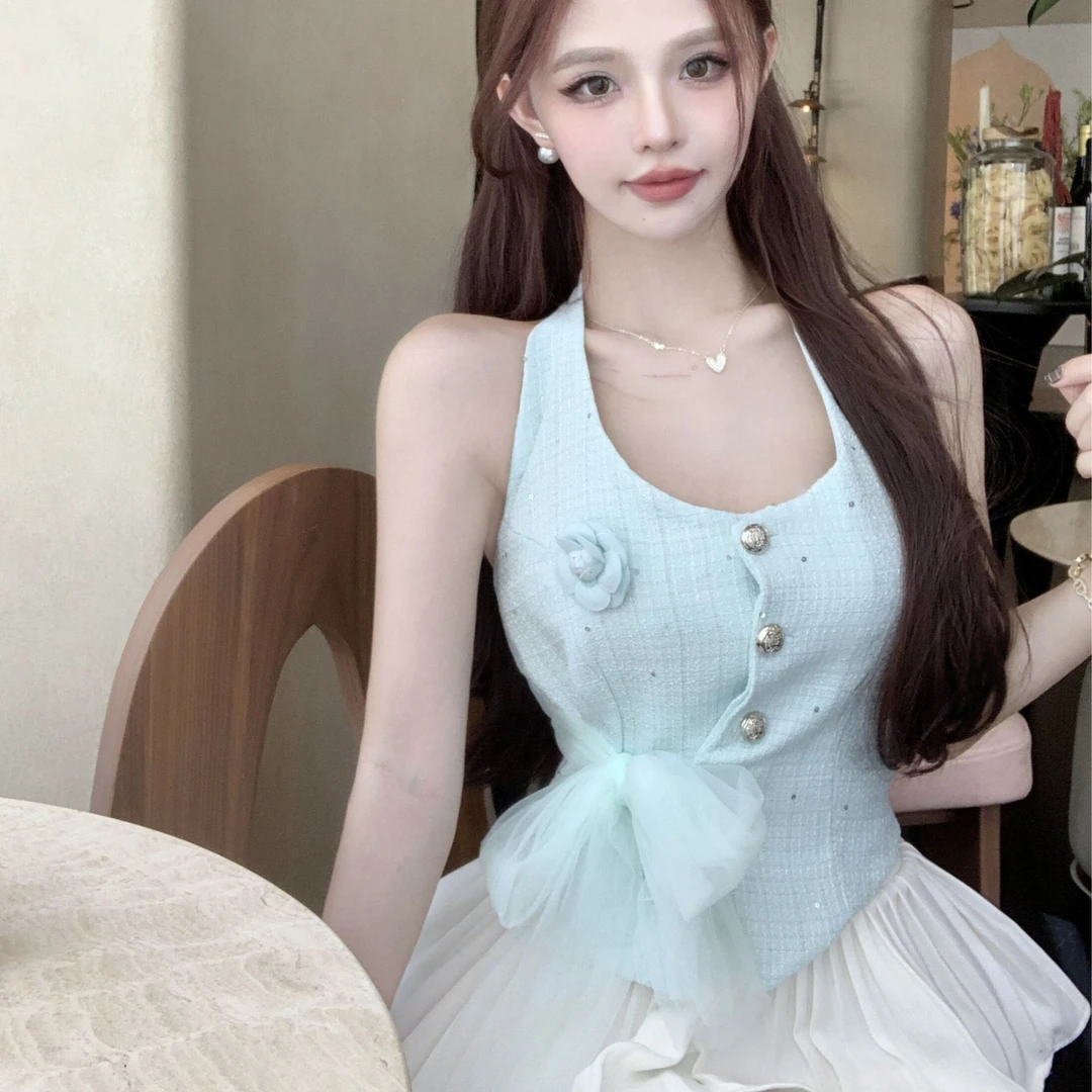 小香风纯欲设计感挂脖花朵吊带背心女夏外穿甜辣抹胸上衣性感