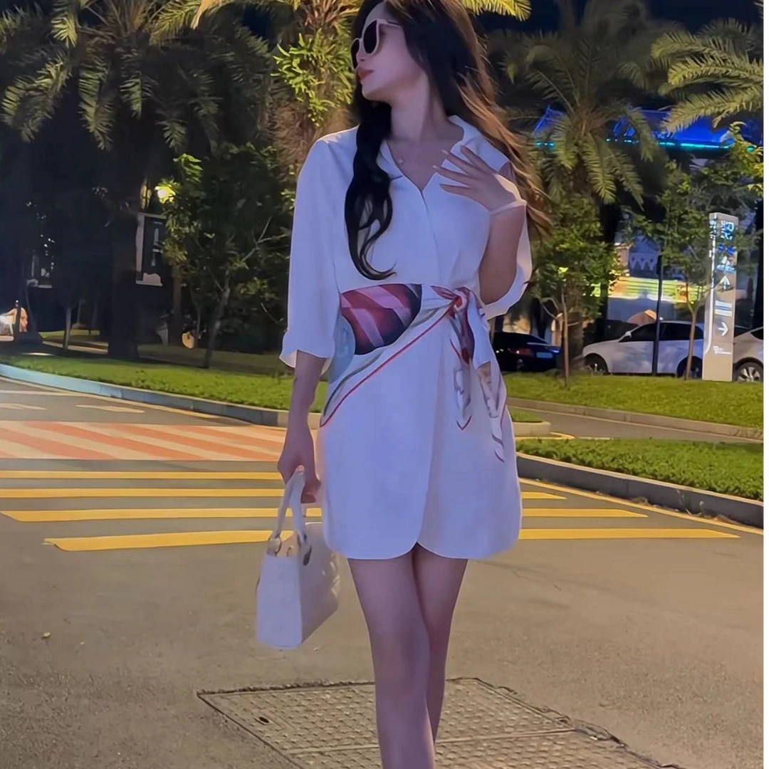 2024新款设计感高腰系带收腰法式衬衫裙配丝巾