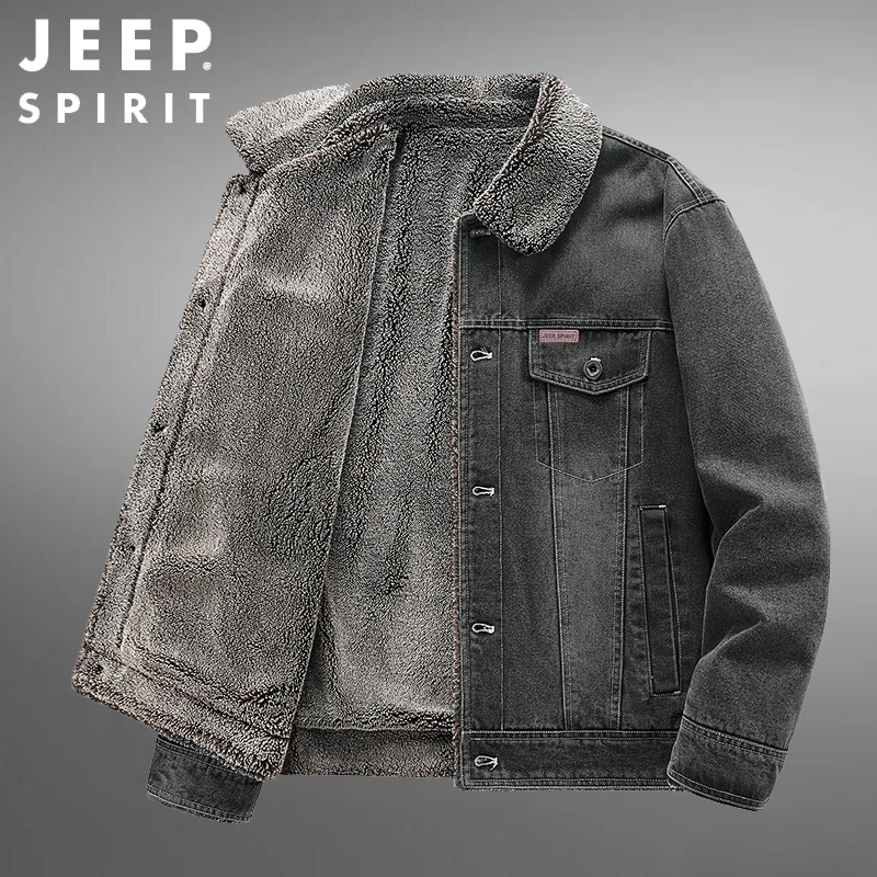 JEEP吉普冬季加绒牛仔棉服男士翻领加厚保暖休闲外套大码男装夹克