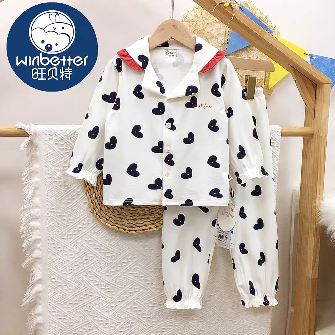 2008旺贝特儿童春秋针织睡衣两件套男女童家居服宝宝卡通翻领
