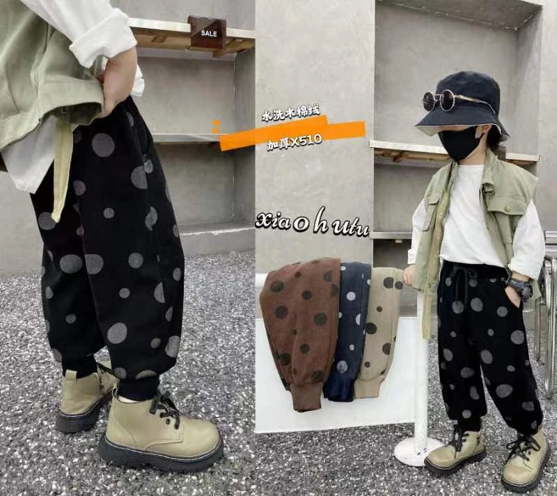 3811男女童波点灯芯绒裤子休闲裤子女宝宝卫裤