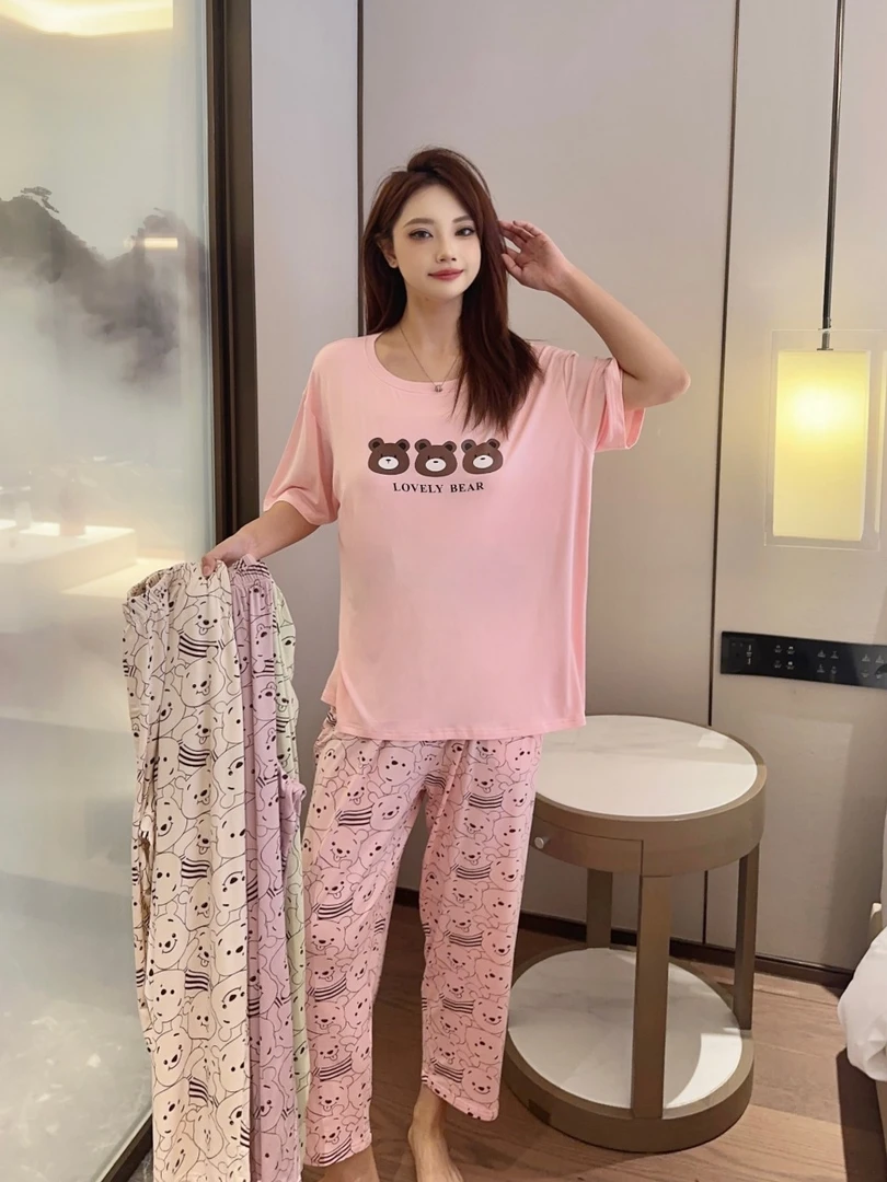 7201睡衣（带胸垫）女春夏季薄款短袖两件套装女款家居服休闲