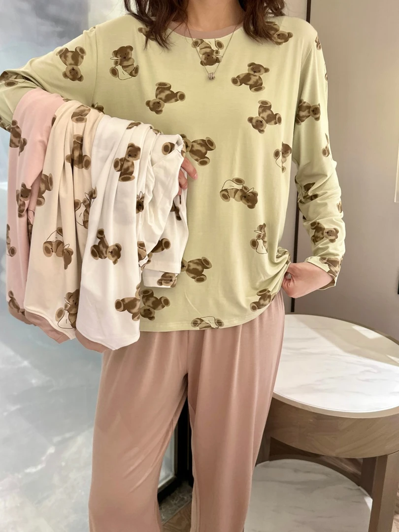 7228宽松大码长袖长裤女士家居服套装睡衣外穿休闲