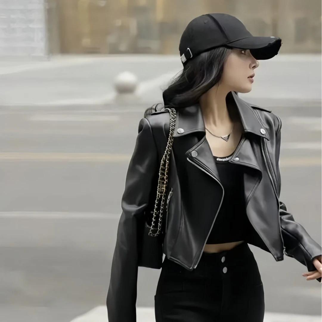 2025春季黑色短款显瘦网红机车皮衣外套女款洋气pu皮夹克微胖女生