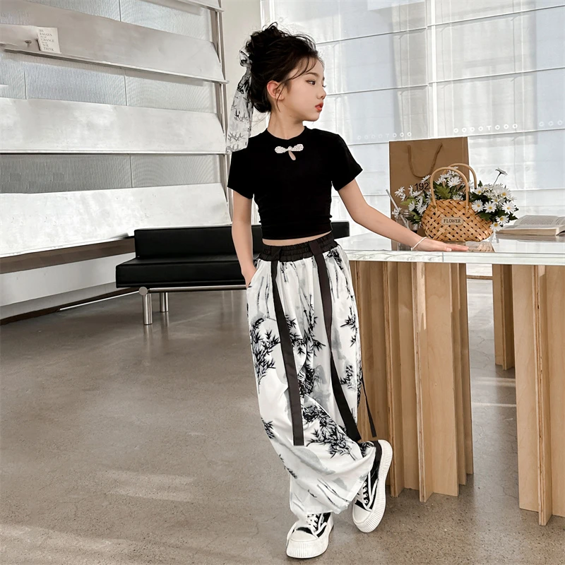 女童夏季套装2404新款中大童儿童中国风阔腿防蚊裤洋气休闲两件套