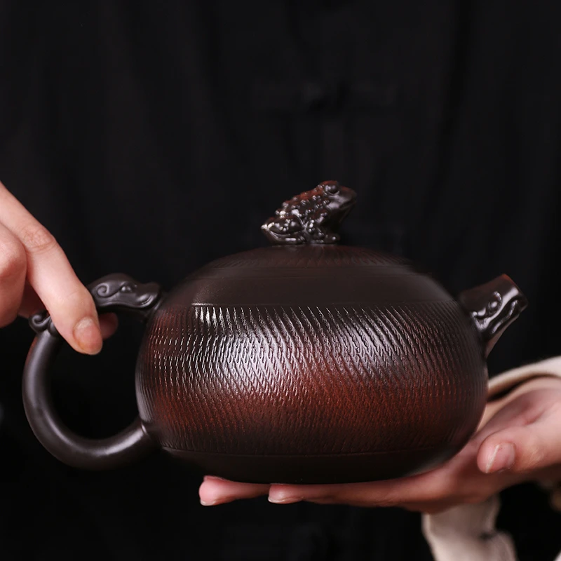 紫陶条纹金蟾凤鸣壶大容量家用中式纯手工泡茶壶复古大号紫砂壶C1
