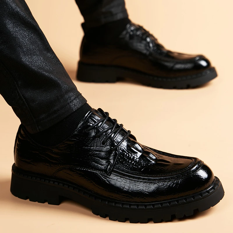 2025新款英伦休闲商务皮鞋男时尚内增高圆头鳄鱼纹透气男士皮鞋