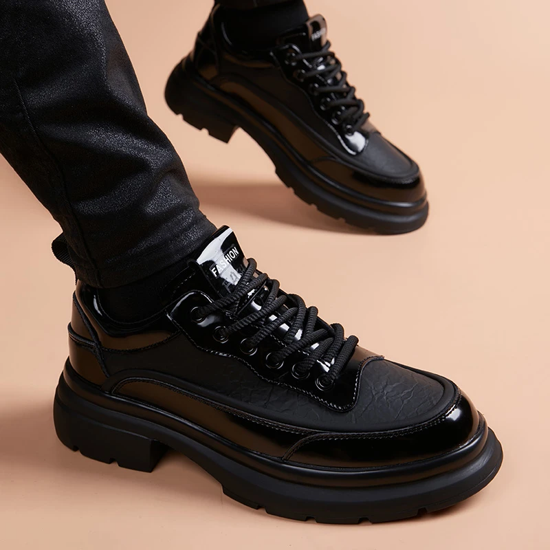 运动潮男鞋厚底商务男士时尚百搭英伦风系带透气休闲男皮鞋加绒