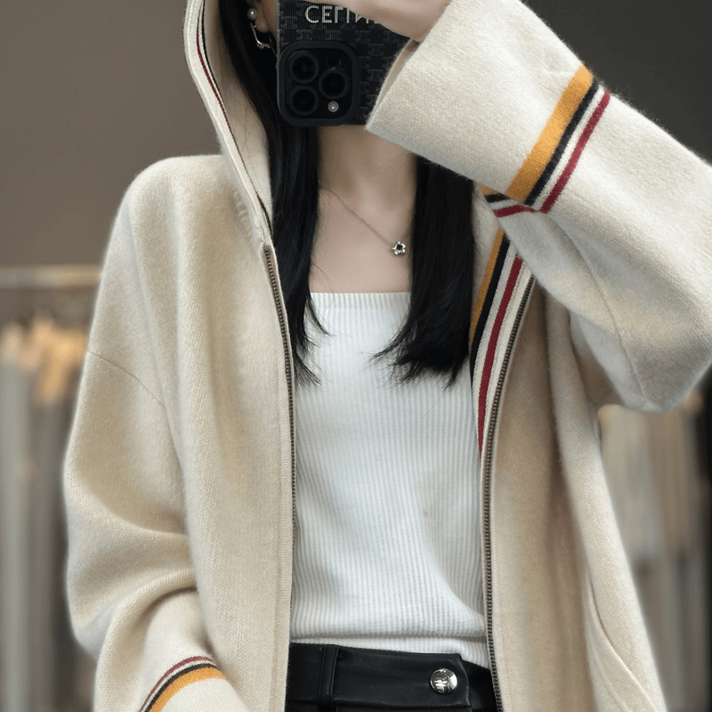 中长款加厚100%羊毛连帽开衫女毛衣拼色大衣宽松针织拉链斗篷外套