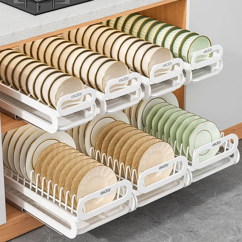 橱柜抽拉式碗碟置物架厨房带轨道抽屉碗盘收纳架盘子沥水架放碗碟