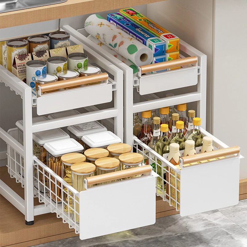 厨房橱柜内下水槽置物架抽拉式收纳架调料碗碟多功能抽屉置物架子