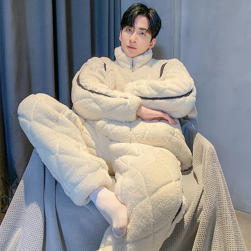 睡衣男士冬季三层加厚夹棉珊瑚绒加绒冬天款保暖可外穿家居服套装