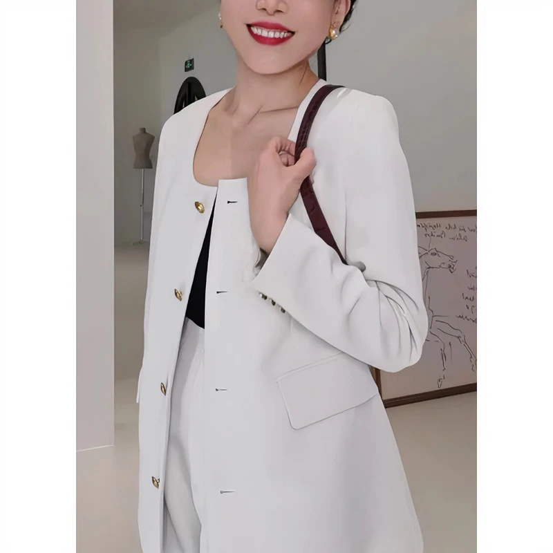 无领收腰西服套装气质设计师时尚法式小香风白色轻奢小众设计感