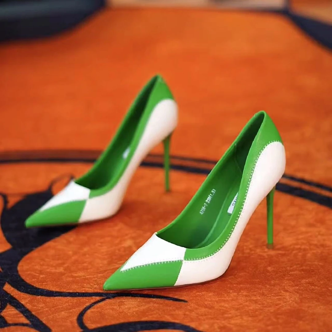 法式网红尖头拼色高跟鞋女2024春季新款气质女鞋细跟职业浅口单鞋