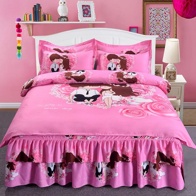 加厚磨毛床裙四件套韩版双层花边裙摆床罩亲肤大版花面料套件被套