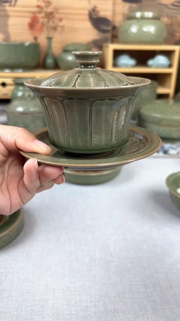 【闪购商品】密胺其他王晓娜纯手工秘色莲瓣三才盖碗