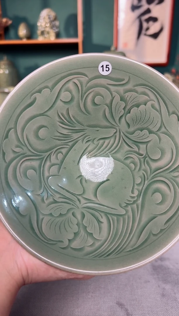 【闪购商品】其他纯手工秘色内外双刻灵芝卧鹿斗笠碗15