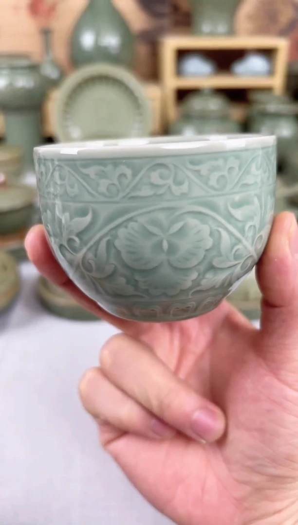 【闪购商品】瓷其他缠枝牡丹大缸杯青瓷