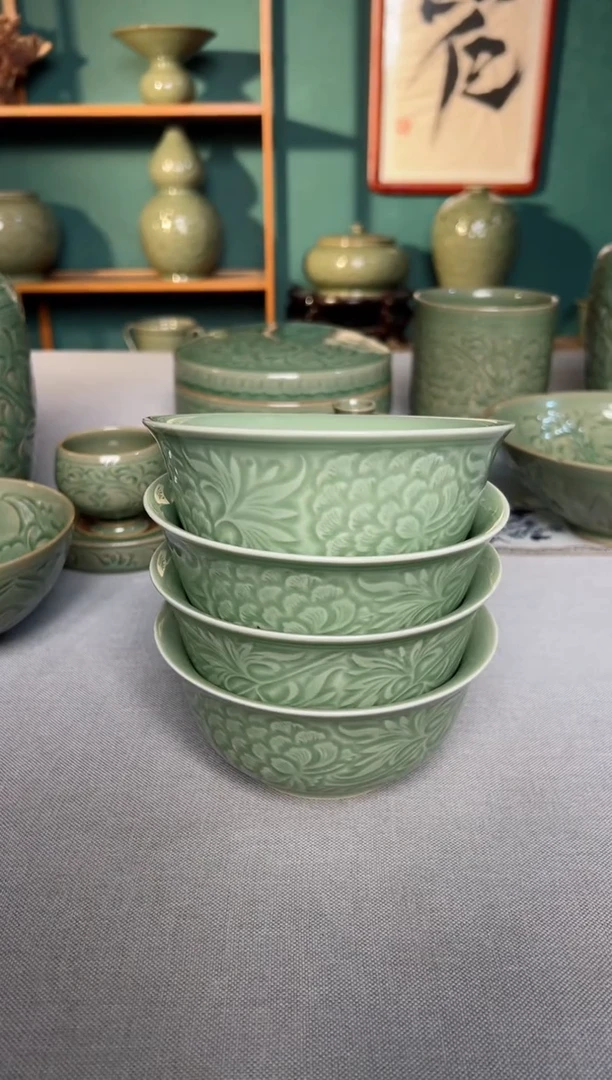 【闪购商品】其他耀州窑5.5寸塔式牡丹碗4只微瑕福利