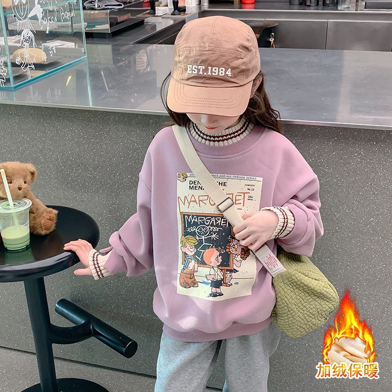冬季新款洋气儿童加厚保暖套头上衣中大童韩版卡通女童大童卫衣