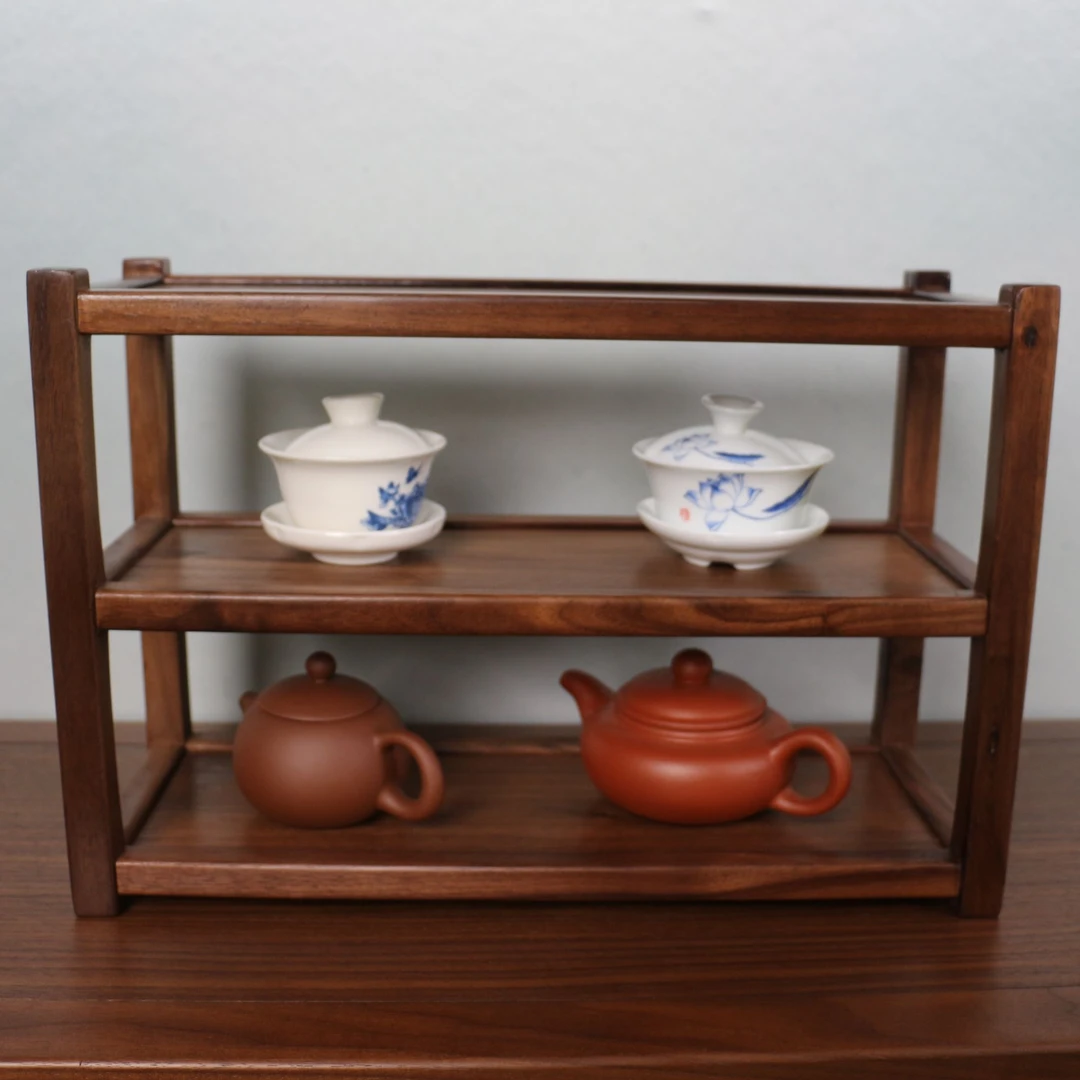 北美黑胡桃双层置物架展示架新中式茶室客厅收纳架