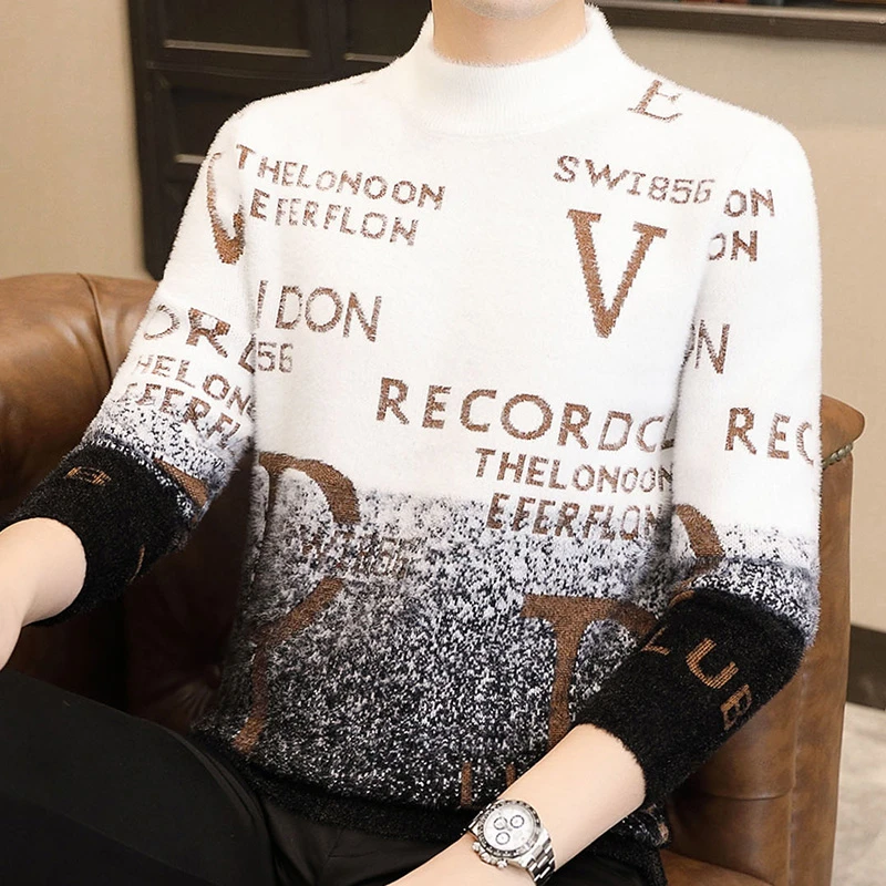 男士毛衣秋冬新款潮流渐变色针织衫半高领套头上衣保暖打底毛线衣