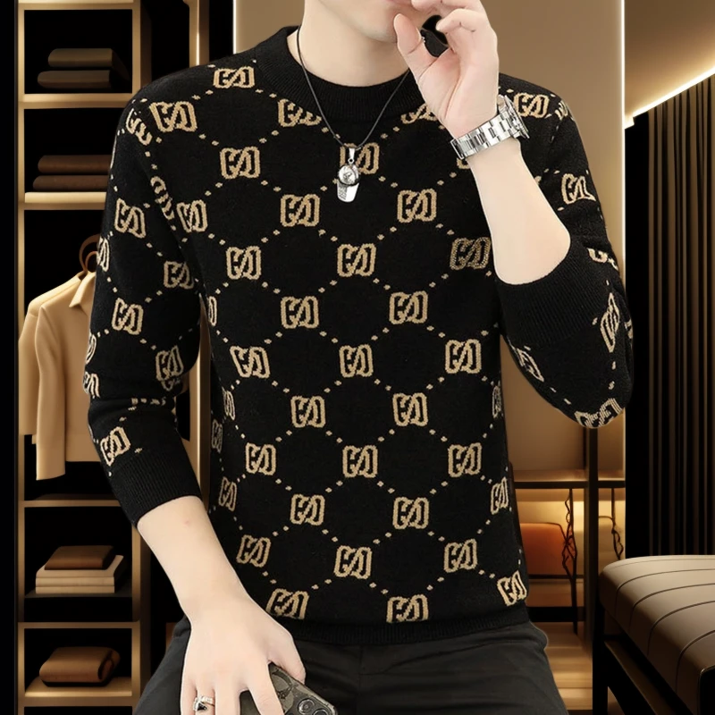 高品质加厚毛衣男士秋冬新款时尚烫钻针织衫百搭潮流男休闲打底衫
