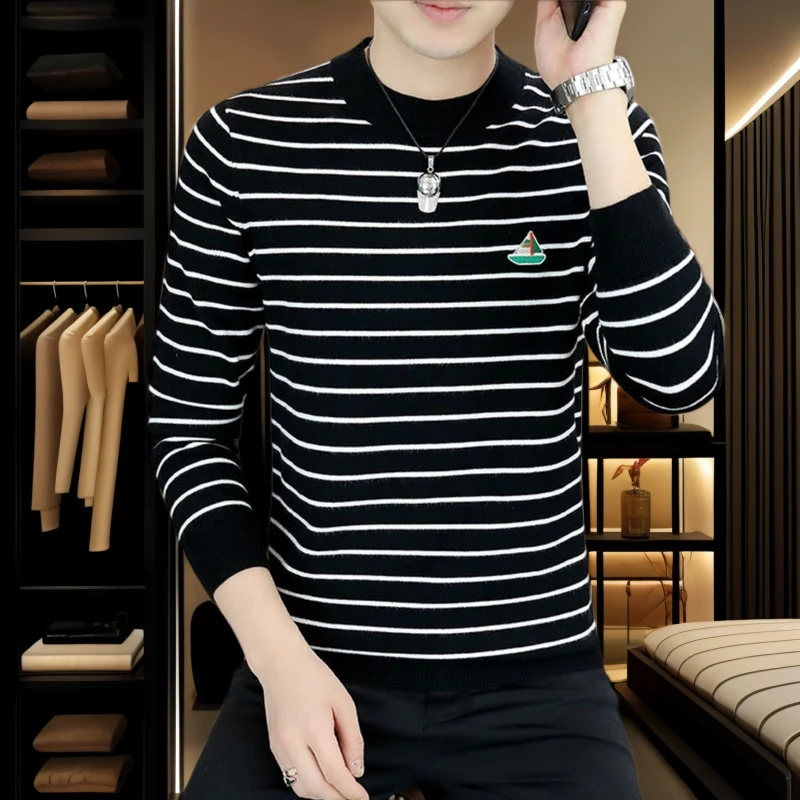 高品质时尚刺绣条纹毛衣男士秋冬新款休闲针织衫百搭潮流男打底衫