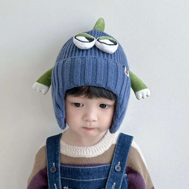 秋冬儿童帽子2024款恐龙男女童加厚保暖毛线帽宝宝卡通套头护耳帽