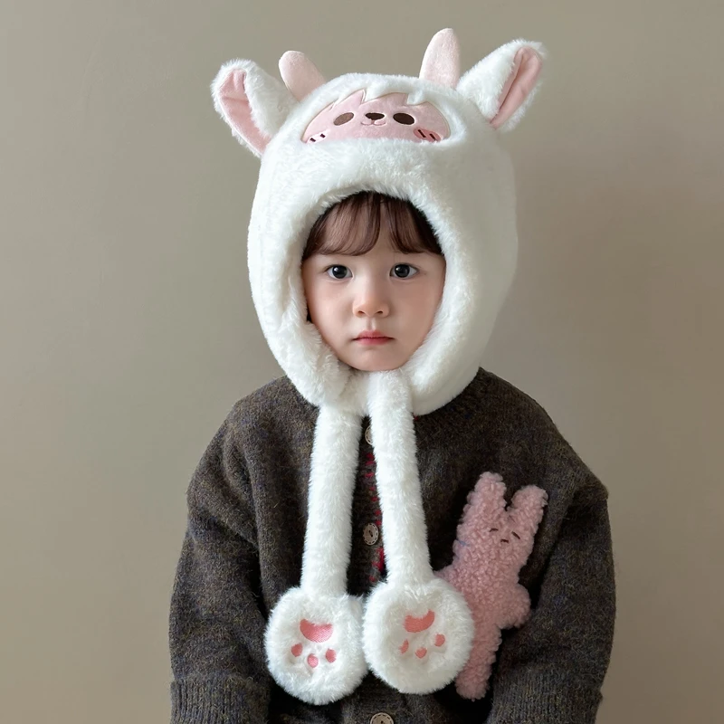 秋冬季男女宝宝帽子可爱超萌儿童一体帽保暖加厚防风护耳毛绒帽潮